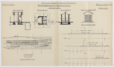 858536 Doorsneden, plattegrond, opstand, situatie en dwarsprofielen van het privaatgebouwtje bij de douaneloods van het ...